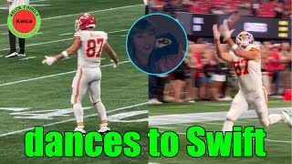 OMG Travis Kelce happily DANCES to Taylor Swift song after first TOUCHDOWN Chiefs vs Falcons [upl. by Nylcoj]