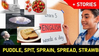 5W Learn five new English words a day puddle spit sprain spread strawberries [upl. by Alrzc]