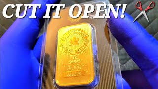 ✂️ Cutting Open 1 Ounce GOLD BAR from assay card WON from inside the high limit coin pusher machine [upl. by Eveiveneg]