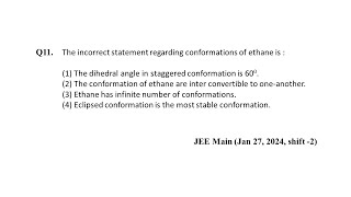 Q11 JEE Main Chemistry PYQ Jan 27 2024 Shift 2  Conformation isomers  NEON JEE NEET [upl. by Sisco]