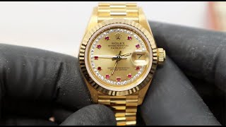 PREOWNED Rolex Ladies Date Just President 18KT 69178 Champagne Sunburst Rubies String Diamonds [upl. by Euqirrne]