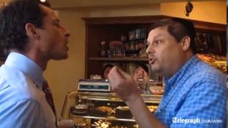 Anthony Weiner gets into slanging match with bakery heckler [upl. by Oiluig832]