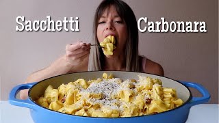 Four Cheese Sacchetti Carbonara MUKBANG  Recipe [upl. by Moss]