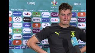 English interview with the Czech Republics Patrik Schick after the loss to Denmark at Euro 2020 [upl. by Nnayllehs]