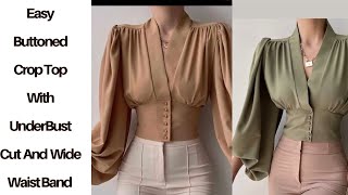 How To Make A Buttoned Crop Top With Underbust Cut And Peasant Sleeve [upl. by Myrtia]