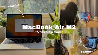 ☁️✨macbook air m2 starlight unboxing  setup and customizing  mighnight study  ramen 💌 [upl. by Dupuy]