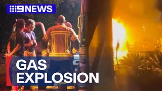 BBQ gas bottle explosion causes fire injuring two  9 News Australia [upl. by Reinke]