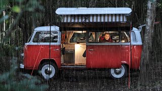 SOLO Camping in Rain  Iconic 1975 VW Van Life Cosy Relax and Sleep ASMR [upl. by Ahrat]