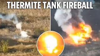 Dragon drone spews molten thermite on Russian tank in explosive Ukraine frontline combat [upl. by Pilar]