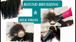 ROUND BRUSHING ON CURLY HAIR AND SILK PRESS saunisexhairtv shellyarellahairtv [upl. by Vidal]