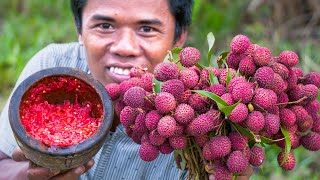 Eating Lychees Fruit with spicy chili recipe in My Village  Free Lifestyle Cooking Foods [upl. by Lleroj]