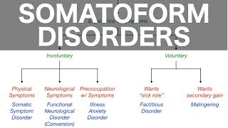 Somatoform Disorders Somatic Symptom Conversion Illness Anxiety Factitious Malingering [upl. by Coshow850]