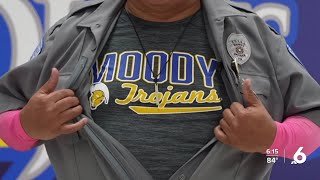 Moody High School safety officer proudly bleeding blue and gold [upl. by Eisenberg]