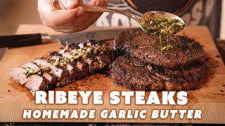 How to make Ribeye Steaks WHomemade Garlic Butter Sauce  Ft Kosmos Q [upl. by Neerhtak]