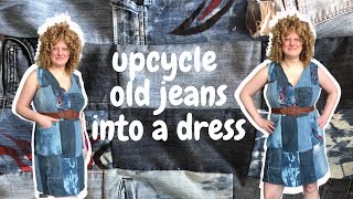 How to Turn Old Jeans into a Dress  Refashion DIY denim dress from Upcycled Jeans [upl. by Morissa445]