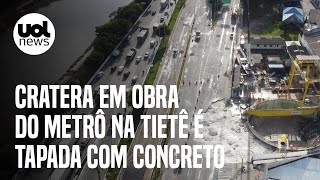 Cratera na Marginal Tietê é tapada com concreto após acidente em obra do metrô [upl. by Sue]