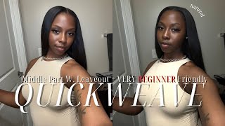 HOW TO Middle Part QUICKWEAVE Tutorial W Leave Out  Very BEGINNER FriendlyDetailed ❤︎ [upl. by Rakel791]