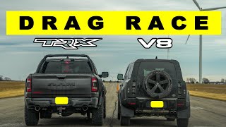 2022 Land Rover Defender V8 Supercharged vs Ram 1500 TRX go head to head on a drag and roll race [upl. by Taka]