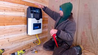 Tiny Cabin Direct Vent Heater Install No Electricity After Three Years in a Tent Now HEAT 114 [upl. by Kilk]