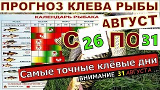 Прогноз клева рыбы с 26 по 31 Августа Календарь клева рыбы Лунный календарь рыбака [upl. by Anaeel]