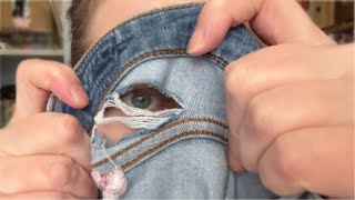 How to patch ripped jeans with fabric  mending my jeans again [upl. by Ielerol]