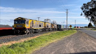 TasRail TR17 TR15 TR16 31 train with Konecranes boom and container loader crossing Drummond Street [upl. by Nnaycnan]