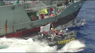 Greenpeace take action against controversial tuna vessel [upl. by Atilehs871]