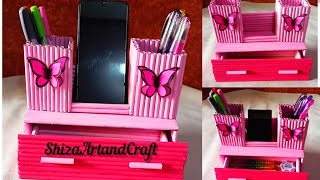 DIYDesktop Organizer With Waste Paper Pen Holder Organizer Mobile Holder Paper craft [upl. by Wind]