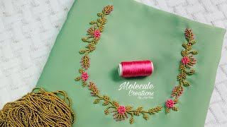 Beautiful silk thread ring knot flower and beadwork embroidery for kurti neckhand embroidery neck [upl. by Luht851]