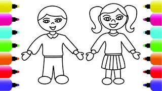 How to draw kids  School Boy and Girls  Learning Coloring Pages for children with Colored Markers [upl. by Mccowyn]