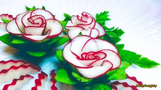 The Beauty Of Rose Carving Garnish Best Vegetable For Flower Design  Red Radish amp Cucumber [upl. by Acherman]