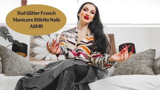 Red Glitter French Manicure Stiletto Nails ASMR [upl. by Laenaj399]