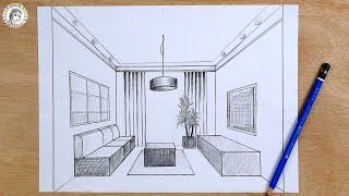 How to drawing in 1point perspective  Interior Design كيف أرسم بالمنظور تصميم داخلي حجرة الجلوس [upl. by Elak]