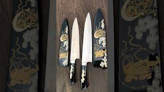 Takeshi Saji MakieArt Aogami Colored Damascus Knives with Urushi FUJIN RAIJIN Custom Handle [upl. by Darci]