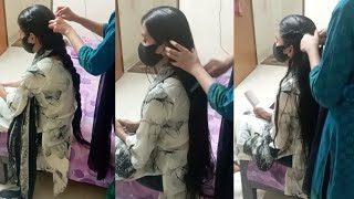 long hair oiling combing and making beautiful braid by friend [upl. by Immot630]