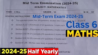 maths class 6 mid termquestion paper 202425 class maths mid term exam 202425 half Yearly Exam 2024 [upl. by Cence104]