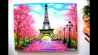 Springtime Cherry blossom Trees and Eiffel Tower Painting  Step by Step Tutorial for Beginners [upl. by Morse]