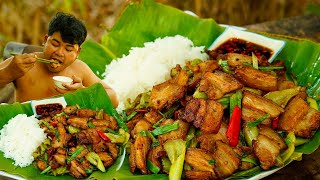 Eating White Rice with his Yummy Food  Stir Fry Pork Belly Green Chili pepper Recipe  Fat Man dish [upl. by Otrebla]