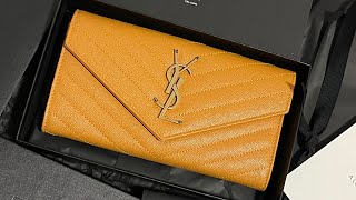 YSL LARGE FLAP WALLET IN GRAIN DE POUDRE EMBOSSED LEATHER in Yellow Mustard color [upl. by Sacksen]