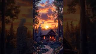 quotA log cabin glows warmly at sunset nestled in a peaceful forest under a dramatic skyquot [upl. by Lennie]