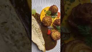 Chicken ballotine with green olive carrot mousseline and dauphine potatoes food cooking recipe [upl. by Llenrrad47]