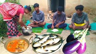 SMALL FISH curry with BRINJAL cooking in traditional method by tribe family l Village life [upl. by Rakso]