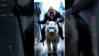 🐒🐺 Mandrill Warrior Rides White Wolf Through the Financial District [upl. by Nerrag]