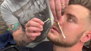 NOSTRIL HAIR REMOVAL BY BRITISH BARBER USING HEATED SOFT WAX [upl. by Bloem944]