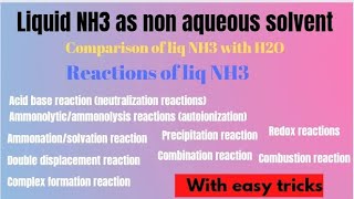 Liquid ammonia as non aqueous solventReactions of liq NH3Chemistry of non aqueous solvents [upl. by Frayne673]