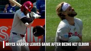 Bryce Harper leaves game vs Blue Jays after being hit on left elbow by pitch  ESPN MLB [upl. by Marleah]