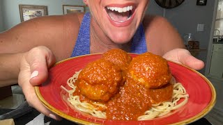 A big bowl of Pasta amp Meatballs ASMR eating  soft spoken ramble [upl. by Anerual]