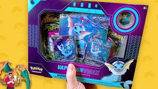 Making a splash Pokemon Vaporeon Vmax Premium Collection Box Opening [upl. by Monah959]