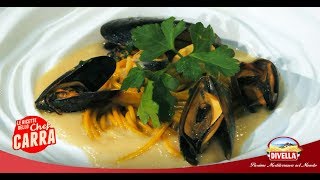 Spaghetti alla curcuma con le cozze su vellutata di fagioli dello Chef Carra  Divella [upl. by Yllil]