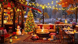 Warm Christmas Café Ambience 🎄 Smooth Jazz with Crackling Fire amp Snowy Day for Relaxation [upl. by Carothers43]